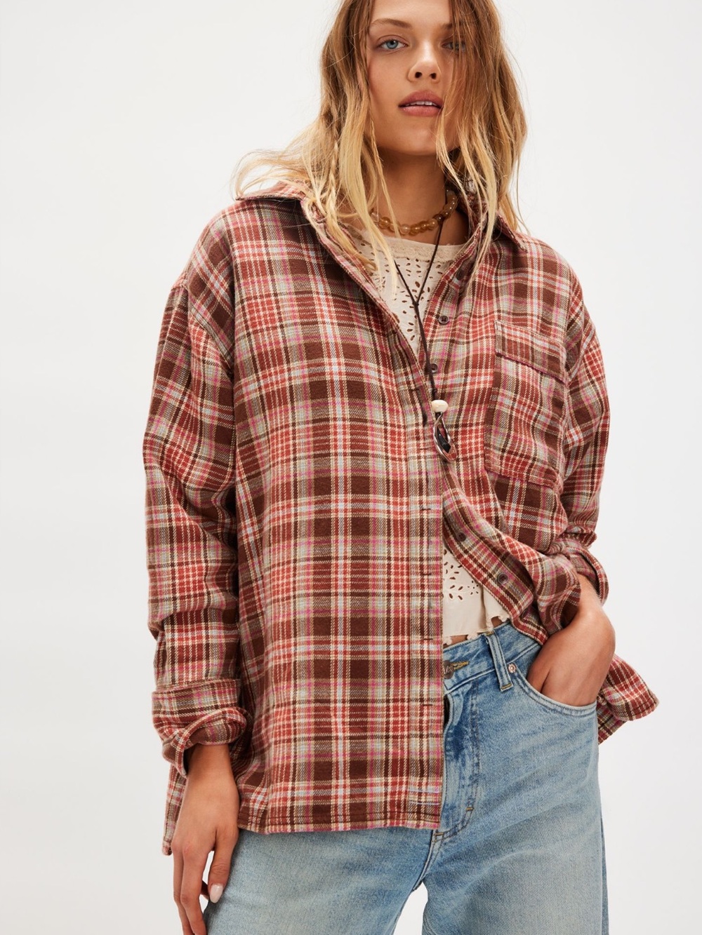 NWT Free People Hallie Plaid Shirt in Coco Combo